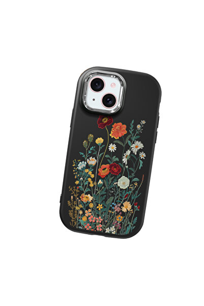 black Soft Silicone Phone Case with Camera Protection for iPhone 15 with Flower Pattern