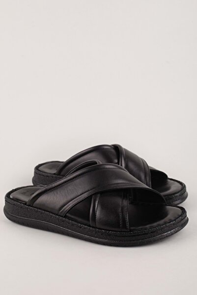 Gondol Men's Genuine Leather Daily Comfortable Sole Slipper Hkm.29 Black