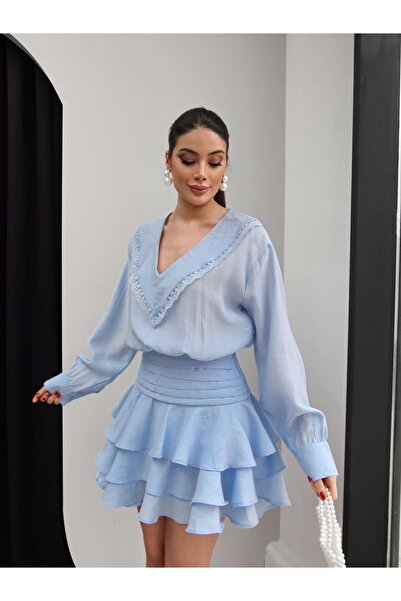 ESRAHELVACI dantelă Rochie cu volane în dungi și pantaloni scurți