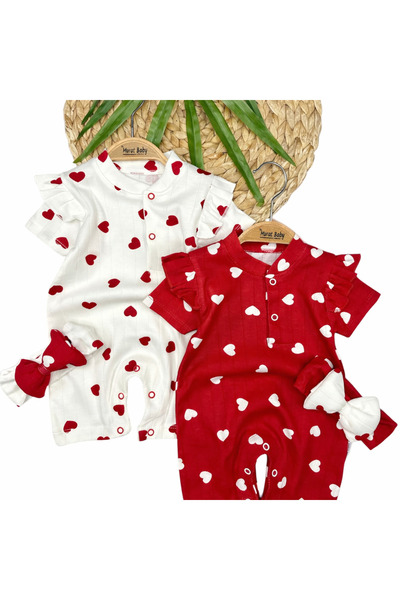 Murat Baby Kalp Baskılı Kısa Kollu Tulum ve Saç Bandı