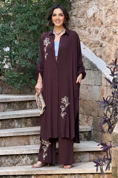 Nevin Kaya Moda V276 Καφέ Φλοράλ Με κέντημα Πουκαμισοφόρεμα Σετ Παντελονιού