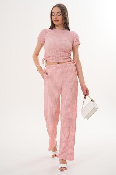 ŞİMAL طقم بلوزة نسائية مع تفاصيل مطاطية على الجانبين وبنطلون 260078 -