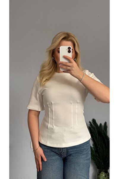 ElifÇakıl BELDEN OTURTMALI BİSİKLET YAKA KADIN BEYAZ BASİC TİŞÖRT