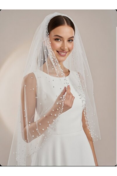 glapa İnci İşlemeli Gelin Duvağı 150x150 cm Kırık Beyaz