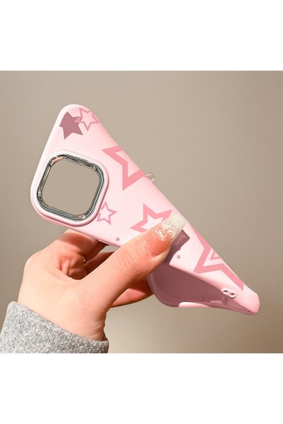 Hontinga iPhone 17E Compatible Camera Protected Pink Soft Silicone Phone Case with Star Pattern