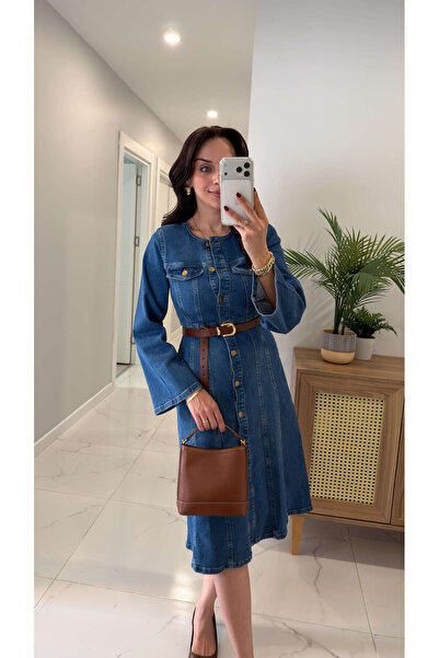 BİRCANÇİL Rochie Kennzy Albastră cu cu detalii la mânecă nasturi și denim mâneci