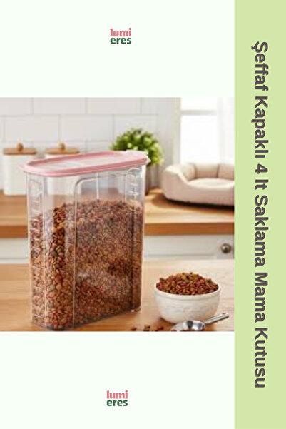 Lumieres Şeffaf Kapaklı 4lt Hijyenik Düzenli Kedi Köpek Kuru Mama Kabı Vakuml...