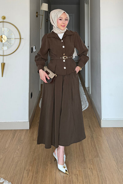 Tesettür Diyarı Nale Cupra Tansel Kumaş Kemerli Gömlek- Etek Tesettür Takım- ...
