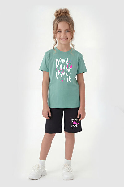 FYK KİDS Round Neck T-Shirt and Capri Pants Set with Print Detail for Girls