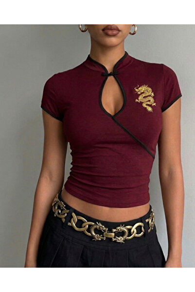 Toum Mandarin Collar Dragon Motif Vintage Qipao Short Sleeve Cropped