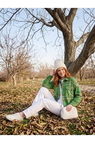 Polologin Butik Women's Green Red White Striped Plaid Patterned Lumberjack Shirt