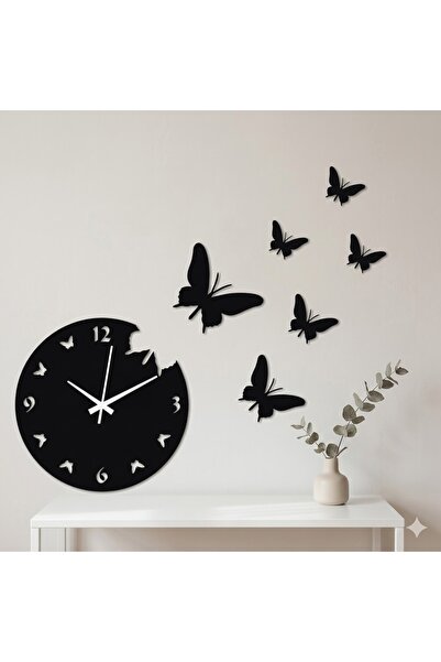 Linu Dekoratif 3D Kelebekli Duvar Saati Seti - Lazer Kesim Siyah MDF - 30 cm ...