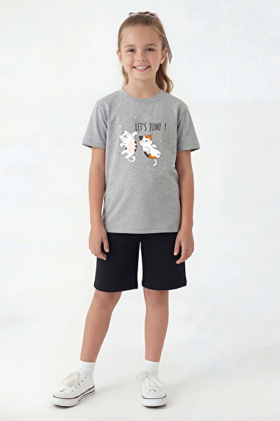 FYK KİDS Round Neck T-Shirt and Capri Pants Set with Print Detail for Girls