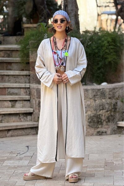 Nevin Kaya Moda طقم بنطلون كيمونو كتان بلون كريمي مع حواف سوداء