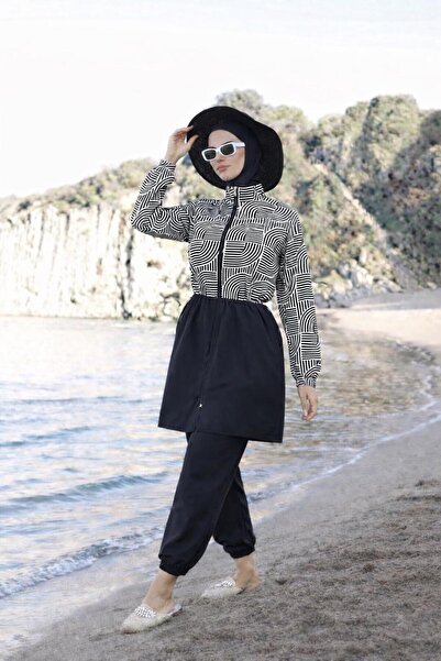 new ats Fully Covered Black and White Patterned Hijab Islamic Swimwear 3-Piec...