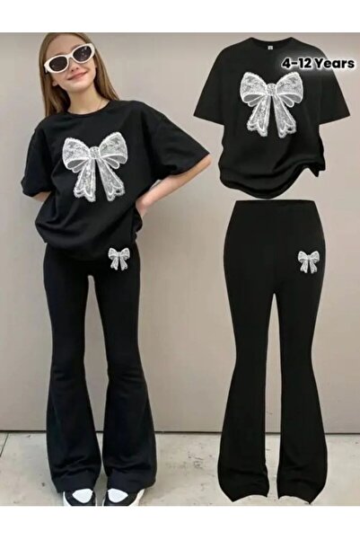 Kids Μαύρο μπλουζάκι με στάμπα κορδέλας, ισπανικό καλοκαιρινό σετ δύο τεμαχίω...