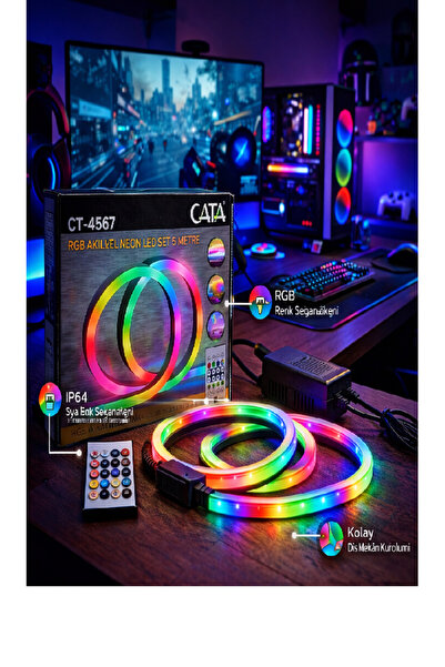 Cata CT-4567 Pixel Neon LED Set 5 Metre RGB Kumandalı Esnek Şerit Işık İç & D...