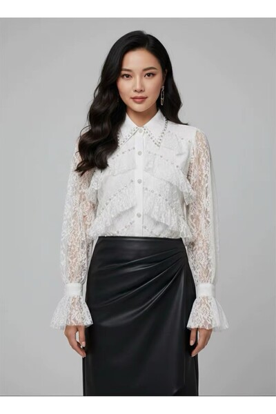 CATALEYA Cămașă damă, albă elegantă din dantelă cu perle, mânecă lungă cu vol...