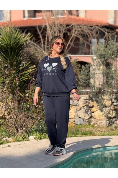 Punta Otantik Yg85414 Italian Amour Written Tracksuit Set Navy Blue
