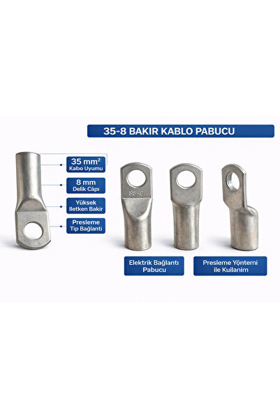 ByBuray 35-8 Bakır Kablo Pabucu | 35 mm² Kablo Ucu | 8 mm Delik Elektrik Bağl...