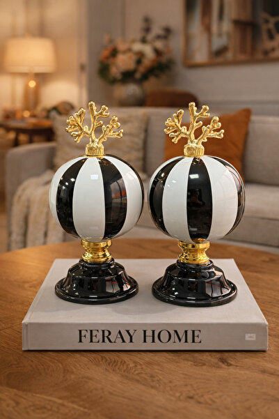 daiza home Ev Dekorasyon Aksesuarı 2 li Küre Dekoratif Obje Dik Çizgi Siyah Gold