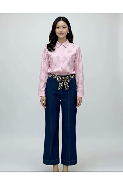 CATALEYA Cămașă damă roz cu imprimeu si strasuri , mânecă lungă, stil casual ...