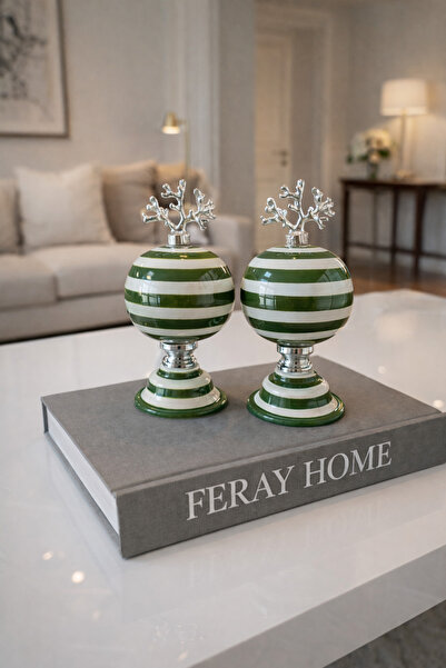 daiza home Ev Dekorasyon Aksesuarı 2 li Küre Dekoratif Obje Yeşil Zebra GÜMÜŞ