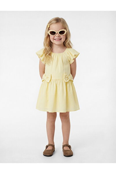 Koton فستان قطن أصفر برقبة دائرية للفتيات الصغيرات