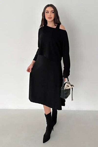 Cool & Sexy Set de bluză și rochie neagră pentru femei cu umeri căzuți