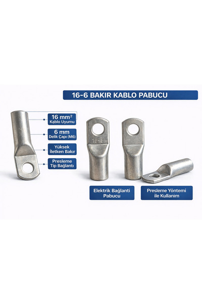 ByBuray 10-6 Bakır Kablo Pabucu | 10 mm² Kablo Ucu | 6 mm Delik Elektrik Bağl...