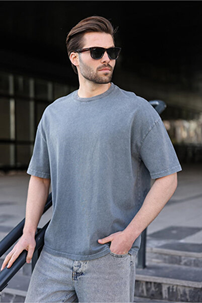 Madmext Gray 100% Cotton Lu Oversized Men's T-Shirt E7178