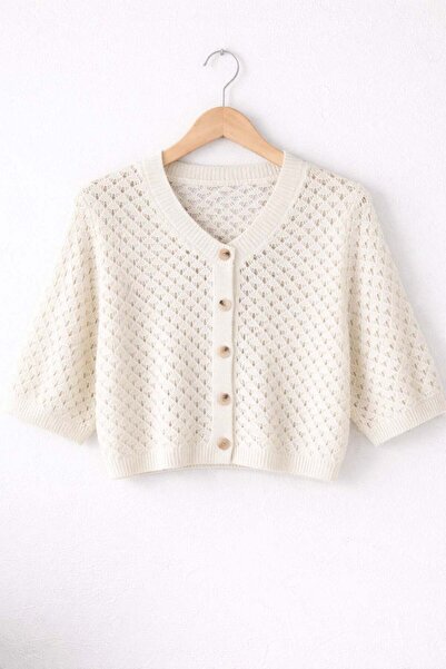 Retrobird Lou Retro Lace-Like Knit Short Cardigan Women Beige