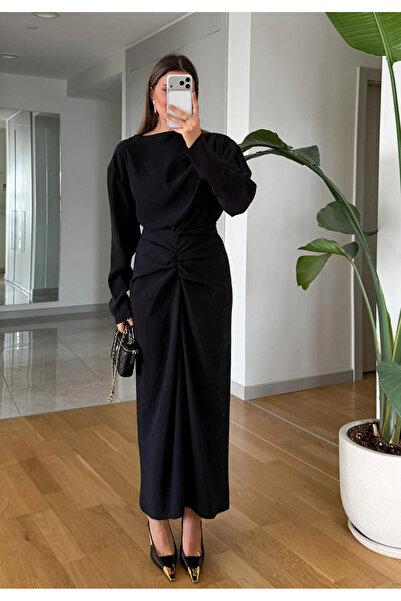 My Blog Black Draped Skirt Blouse Set - 0674