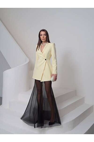 AYSHAN Transparan Şifon Detaylı Sarı Ceket Elbise