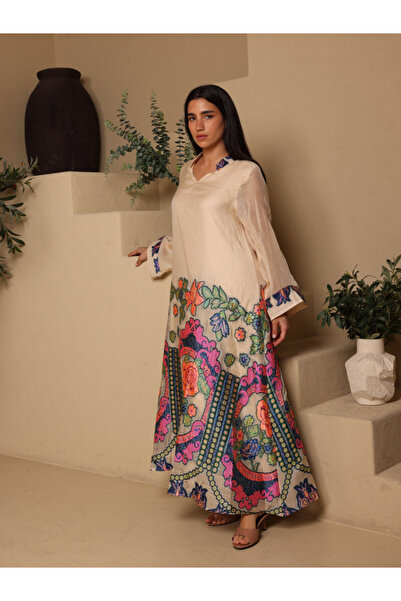 IKKXA Elegant V-Neck Printed Jalabiya