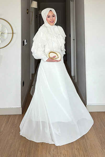 Tesettür Diyarı Νυφικό φόρεμα από ύφασμα σιφόν με βολάν και επένδυση - Λευκό
