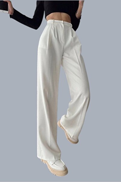 Livik Lilo Ecru ženske pantalone od tkanine Nabrano Visok struk