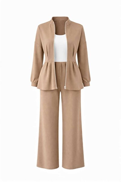 ECK MODA Women's Crepe Fabric Zippered Belt Detail Pants and Top Set