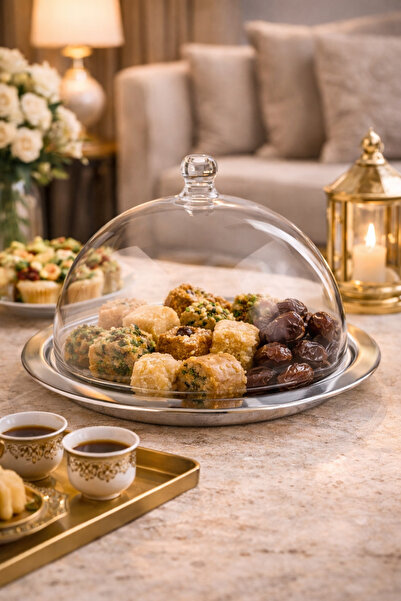Dania ✨ صحن تقديم فاخر بغطاء زجاجي شفاف – مقاس 33 سم | قاعدة ستانلس ستيل أنيق...