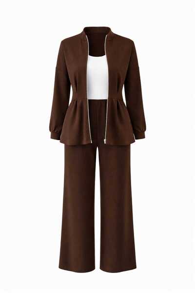 ECK MODA Γυναικείο σετ Κρεπ με φερμουάρ από ύφασμα και παντελόνι με λεπτομέρε...