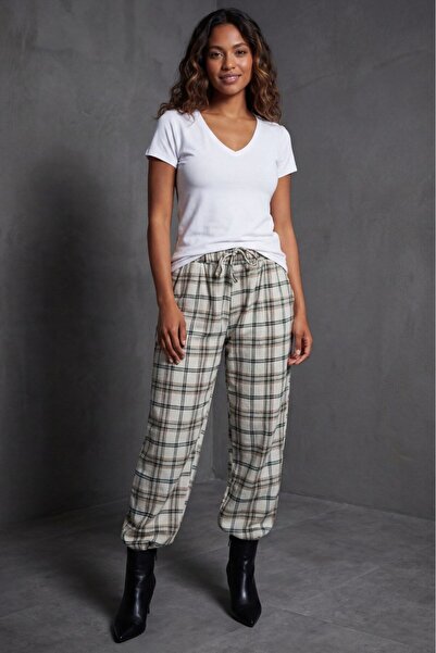 Madmext Beige Plaid Patterned Balloon Fit Women's Trousers Mg2686