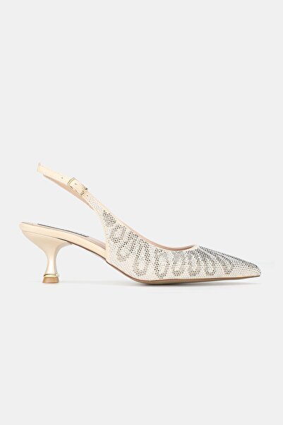 TUNAELLİ حذاء نسائي من الساتان الذهبي ذو كعب قصير ومقدمة مدببة ومفتوح من الخلف