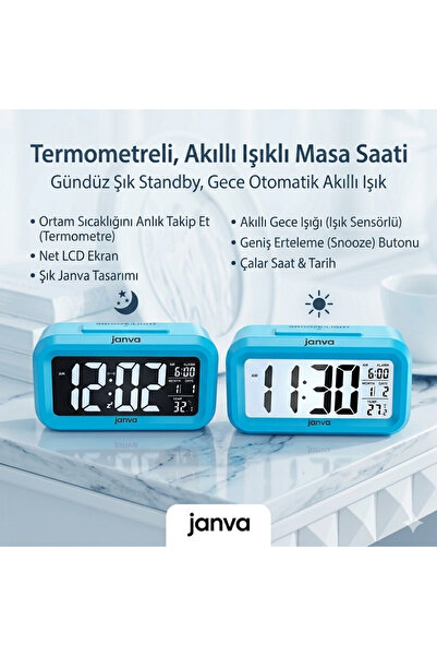 Janva Karanlık Sensörlü Dijital Masa Saati Fotoselli Alarmlı Termometreli Der...