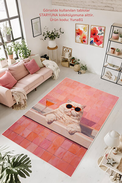STARYUNA Kedili Pastel Pembe Dijital Baskılı Yıkanabilir Kaymaz Halı,Kedili H...