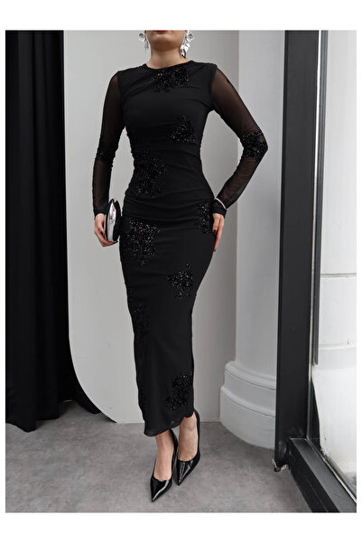 My Blog Schwarzes, glitzerndes, transparentes Midikleid mit Ärmeln - 0864