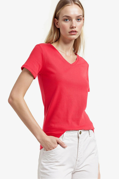 DeFacto I1080AZRD286 Κόκκινο εφαρμοστό Κοντομάνικο μπλουζάκι με λαιμόκοψη V σ...