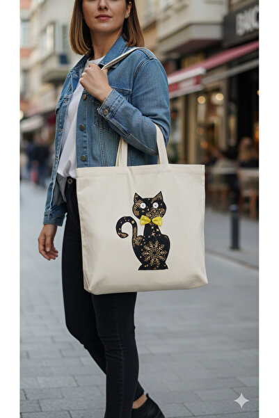 Attolya Cloth Bag, with Cat, Raw Fabric, Tote Bag, Cloth Bag, Bag, Shoulder B...