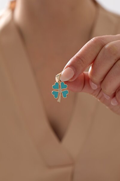 YAVUZ KUYUMCULUK 14 Ayar Altın Yonca Kolye Ucu - Turkuaz