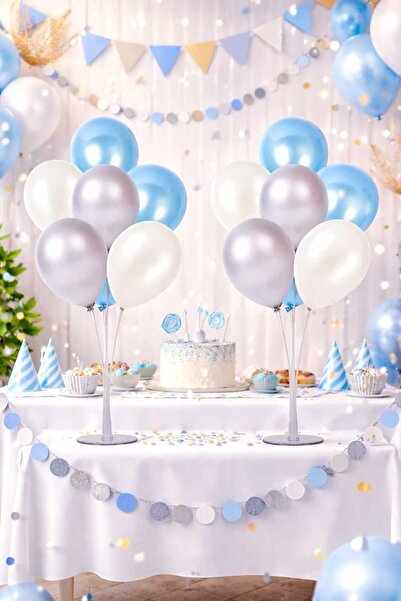 GÖRKEM TOPTAN PARTİ 2 Adet 7'li Balon Standı Ve 14 Adet Gümüş -mavi - Beyaz M...