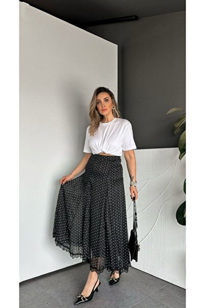 EGZOTİK ASORTİK Dantel Detaylı Simli İplikli Şifon Etek